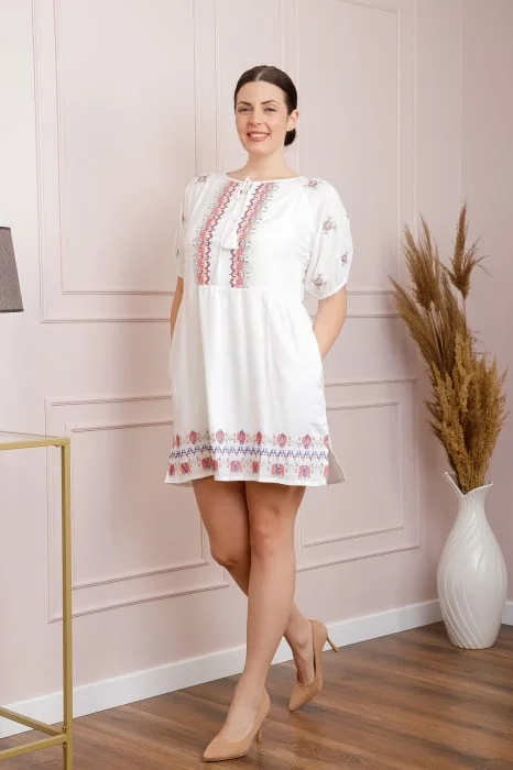 Rochie traditionala alba cu motiv geometric multicolor Aniela
