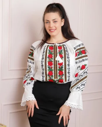 Ie traditionala alba cu motiv floral rosu Clementina 01