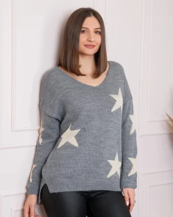 Pulover Stella gri cu stelute si decolteu in V