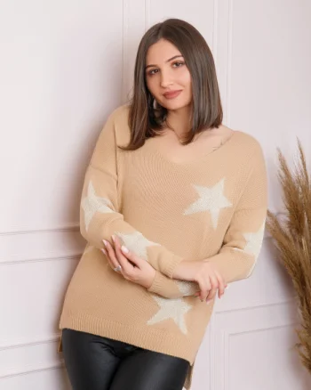Pulover Stella crem cu stelute si decolteu in V