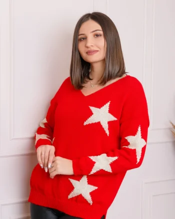 Pulover Stella rosu cu stelute si decolteu in V