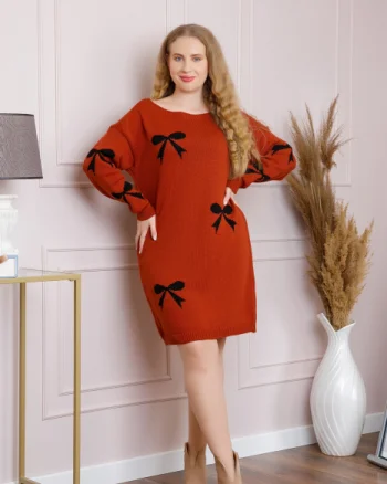 Pulover Bonnie caramiziu tip rochie cu fundite