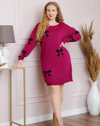 Pulover Bonnie magenta tip rochie cu fundite