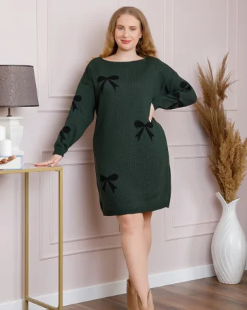 Pulover Bonnie verde tip rochie cu fundite