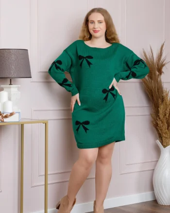 Pulover Bonnie verde smarald tip rochie cu fundite