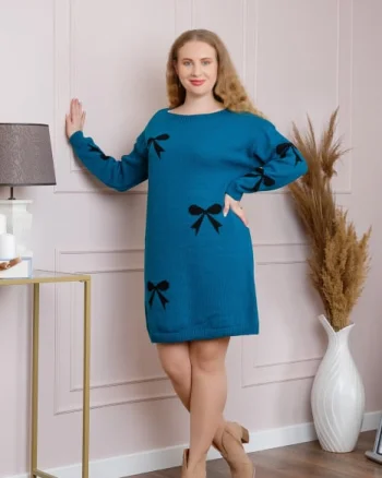 Pulover Bonnie albastru tip rochie cu fundite