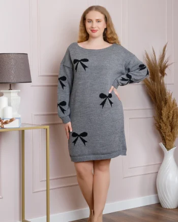 Pulover Bonnie gri tip rochie cu fundite