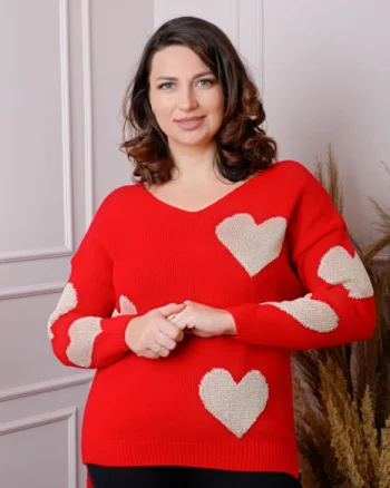 Pulover Carina rosu cu inimioare si decolteu in V