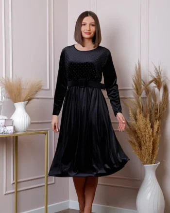 Rochie eleganta Kate din catifea neagra cu strasuri si centura in talie