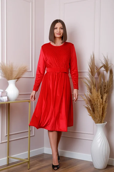 Rochie eleganta Kate din catifea rosie cu strasuri si centura in talie