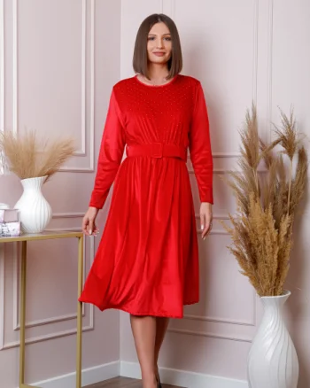 Rochie eleganta Kate din catifea rosie cu strasuri si centura in talie