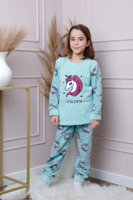 Pijama fetite Daisy din fleece bleu cu model cu unicorni