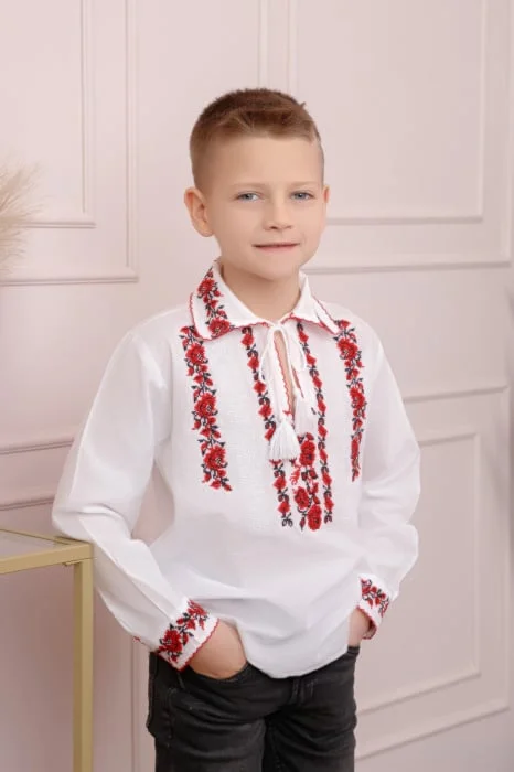 Camasa traditionala de baieti alba cu motiv floral rosu Cristian 01