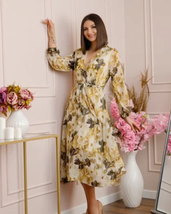 Rochie Carrie din voal cu imprimeu floral auriu