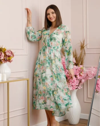 Rochie Carrie din voal cu imprimeu floral verde mint