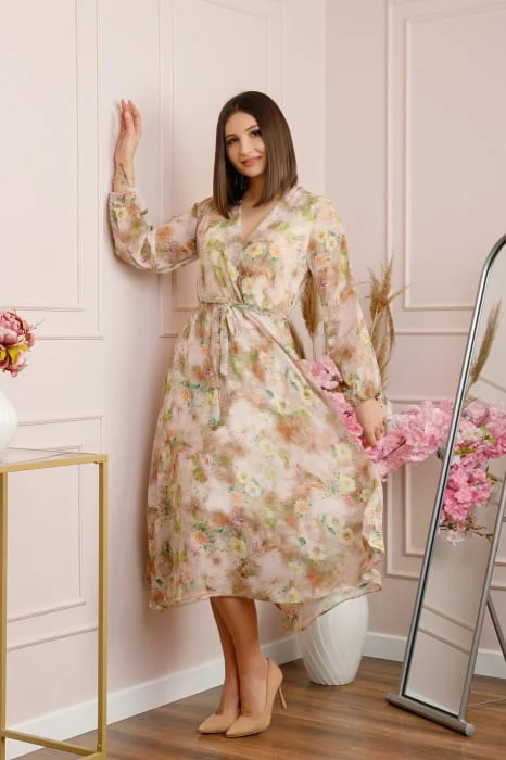 Rochie Carrie din voal cu imprimeu floral crem
