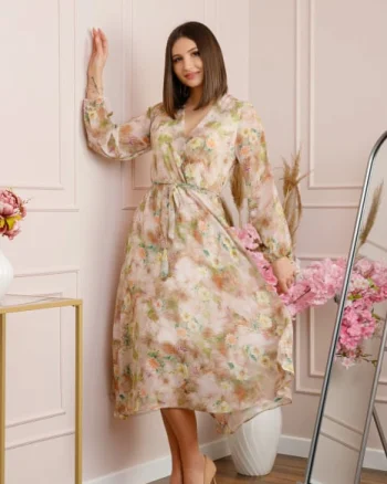 Rochie Carrie din voal cu imprimeu floral crem
