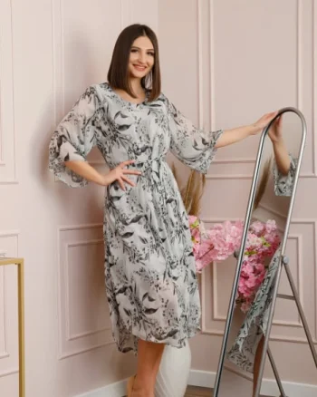 Rochie Grace din voal cu croi in A si imprimeu floral gri