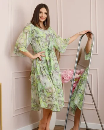 Rochie Grace din voal cu croi in A si imprimeu floral verde lime