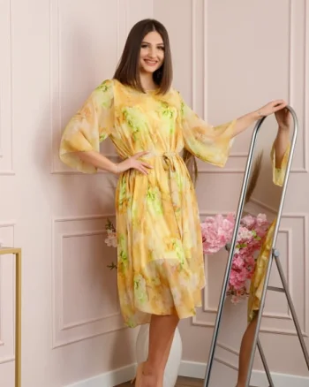 Rochie Grace din voal cu croi in A si imprimeu floral galben