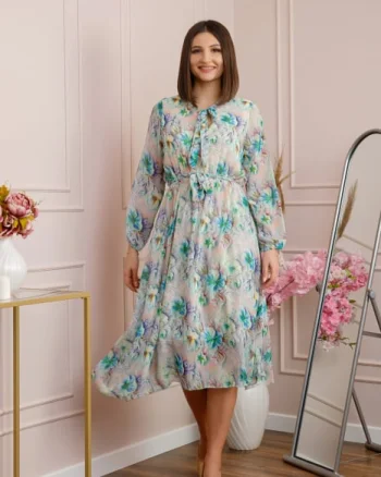 Rochie eleganta Lizzie din voal cu imprimeu floral turcoaz