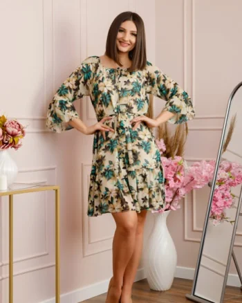 Rochie Juliette din voal cu volanase si imprimeu floral turcoaz