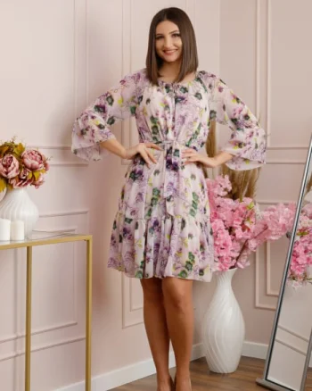 Rochie Juliette din voal cu volanase si imprimeu floral lila