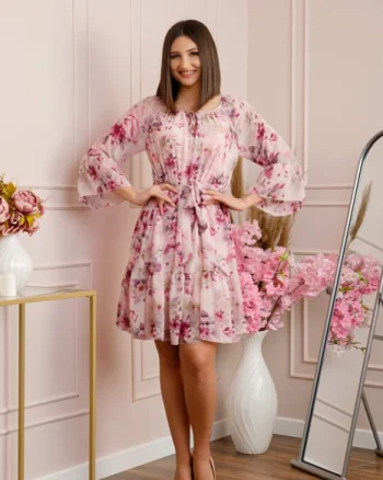 Rochie Juliette din voal cu volanase si imprimeu floral roz pastel