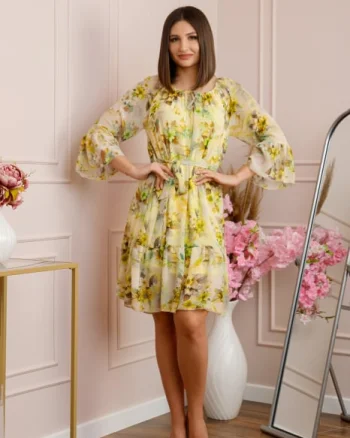 Rochie Juliette din voal cu volanase si imprimeu floral galben