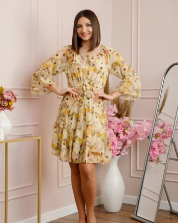 Rochie Juliette din voal cu volanase si imprimeu floral crem