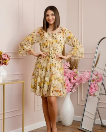 Rochie Juliette din voal cu volanase si imprimeu floral crem