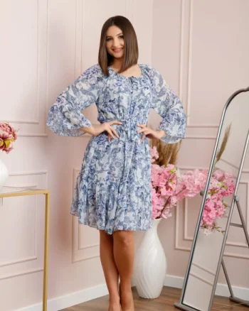Rochie Juliette din voal cu volanase si imprimeu floral albastru