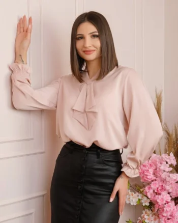 Bluza eleganta Claire cu aspect satinat si maneci bufante - Roz pudrat