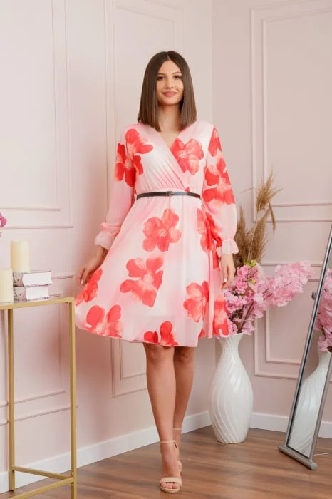 Rochie eleganta Melody din voal cu imprimeu floral rosu si bust petrecut