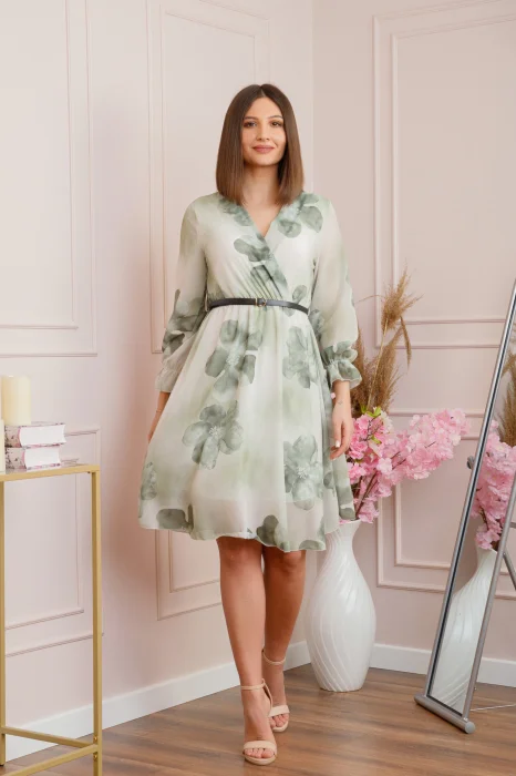 Rochie eleganta Melody din voal cu imprimeu floral verde pastel si bust petrecut