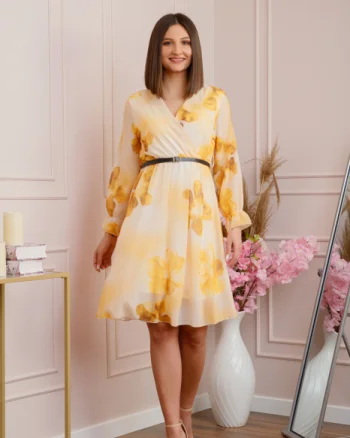Rochie eleganta Melody din voal cu imprimeu floral galben si bust petrecut