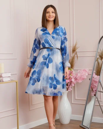 Rochie eleganta Melody din voal cu imprimeu floral albastru si bust petrecut