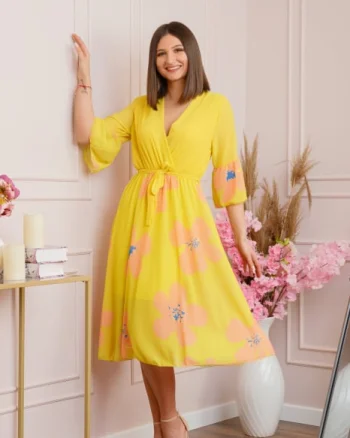 Rochie Lucy eleganta din voal cu imprimeuri florale - Galben