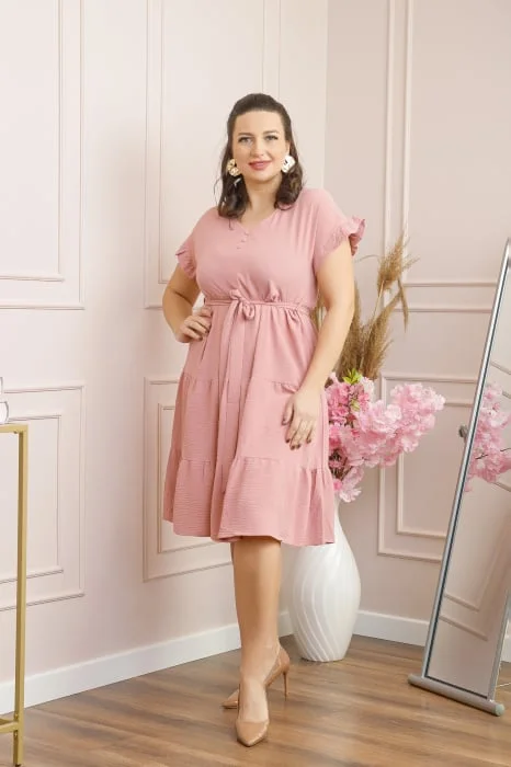 Rochie eleganta Rosalie cu volane si cordon in talie - Roz pastel