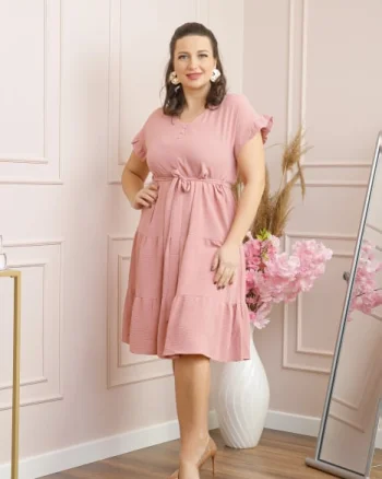 Rochie eleganta Rosalie cu volane si cordon in talie - Roz pastel