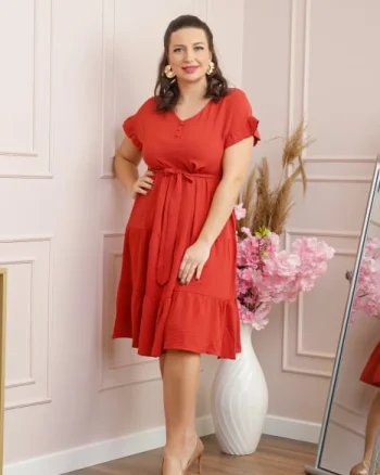Rochie eleganta Rosalie cu volane si cordon in talie - Caramiziu