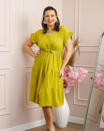 Rochie eleganta Rosalie cu volane si cordon in talie - Verde lime