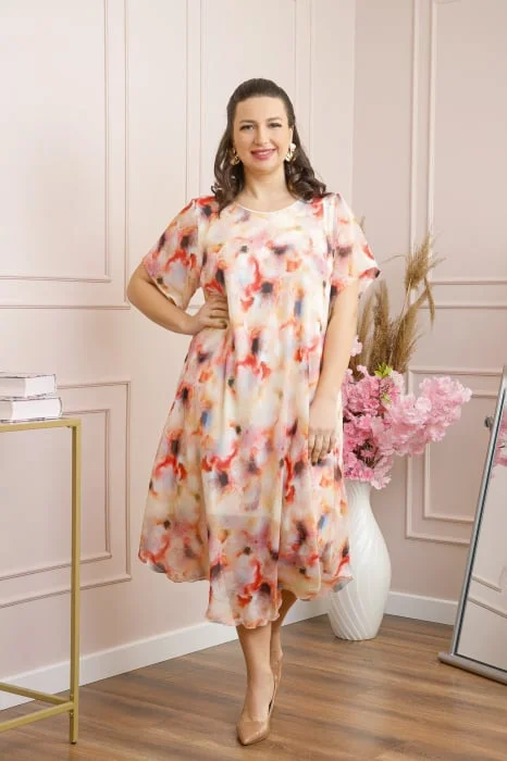 Rochie Margot din voal cu baza asimetrica si imprimeu abstract ivoire