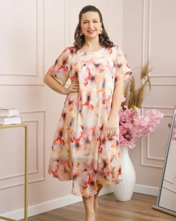 Rochie Margot din voal cu baza asimetrica si imprimeu abstract ivoire