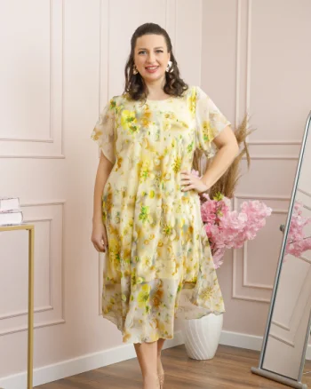 Rochie Margot din voal cu baza asimetrica si imprimeu floral galben