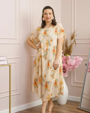 Rochie Margot din voal cu baza asimetrica si imprimeu floral crem