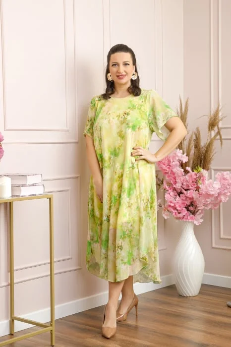 Rochie Margot din voal cu baza asimetrica si imprimeu floral verde praz