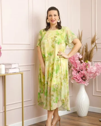 Rochie Margot din voal cu baza asimetrica si imprimeu floral verde praz