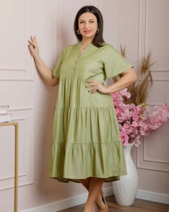 Rochie June cu aspect satinat si volane - Verde