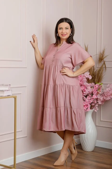 Rochie June cu aspect satinat si volane - Roz